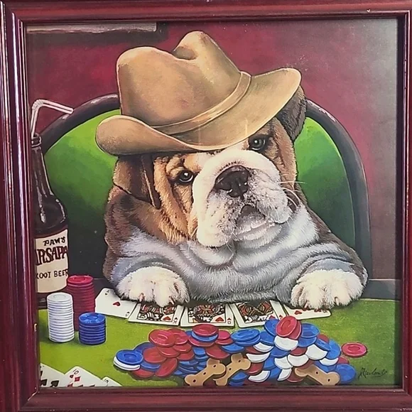 Mahogany Framed Glass English Bull Dog Pup Puppy Poker Gambling Vegas Cowboy Art - Picture 5 of 16
